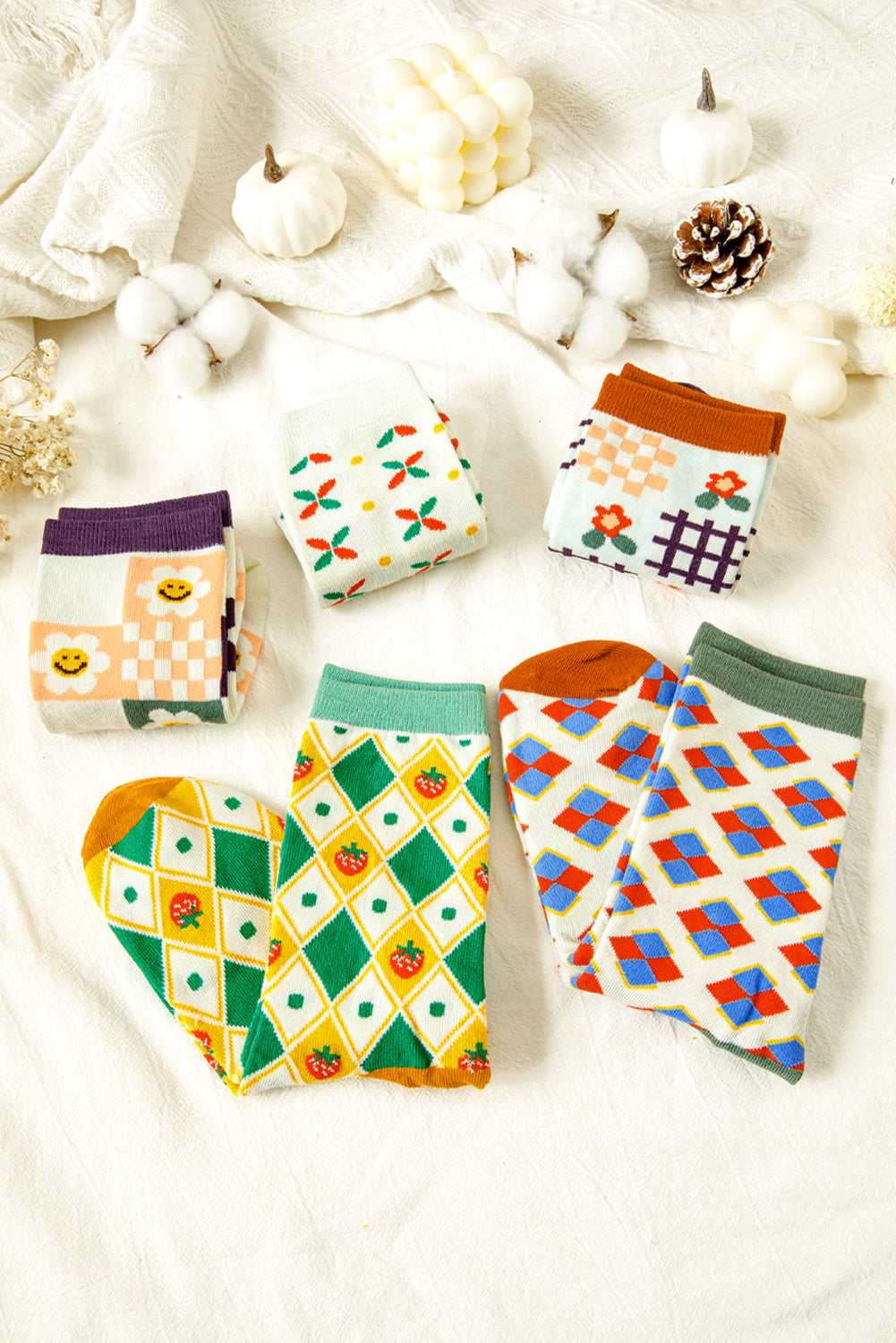 White Plaid Floral Cotton Crew Socks b30079a1404ba234