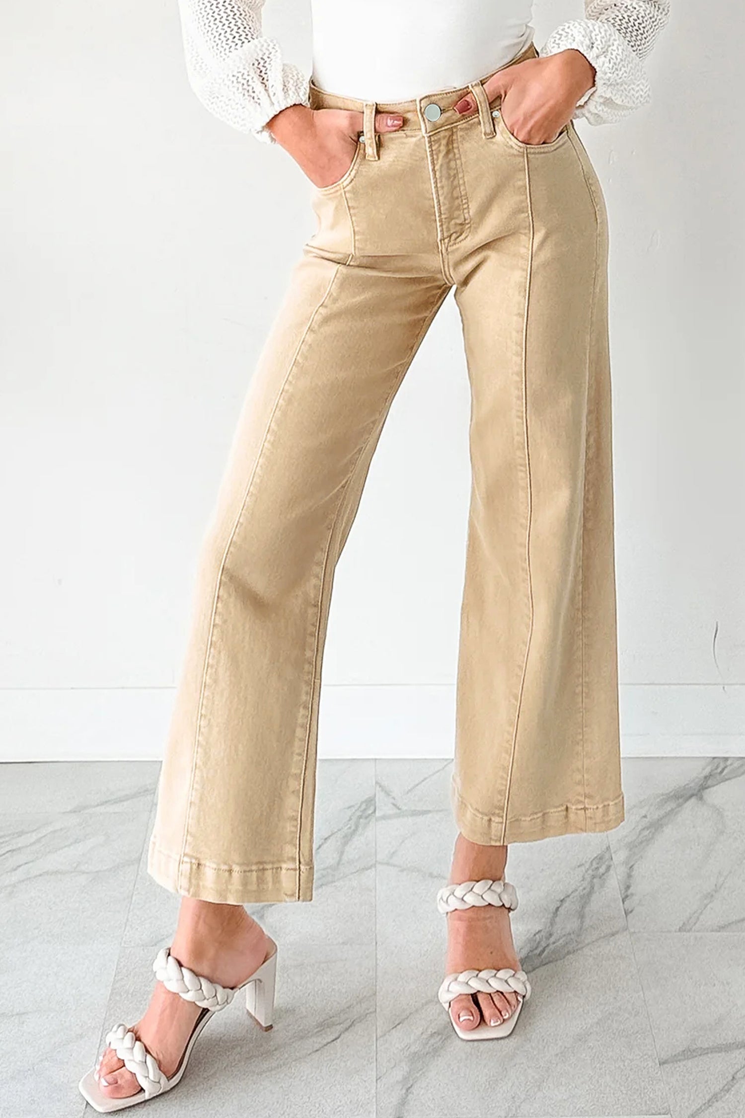 Apricot Solid Color Seamed Center Wide Leg Cropped Jeans b301b995c6baba97
