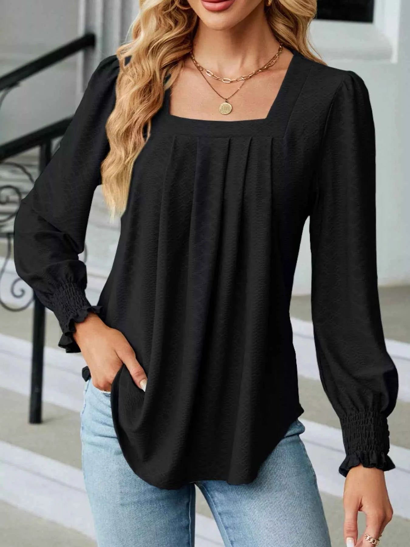 Pleated Square Neck Long Sleeve Top Black b305c481-ae15-41a4-a98c-d70293ac5dbb-Max-Origin