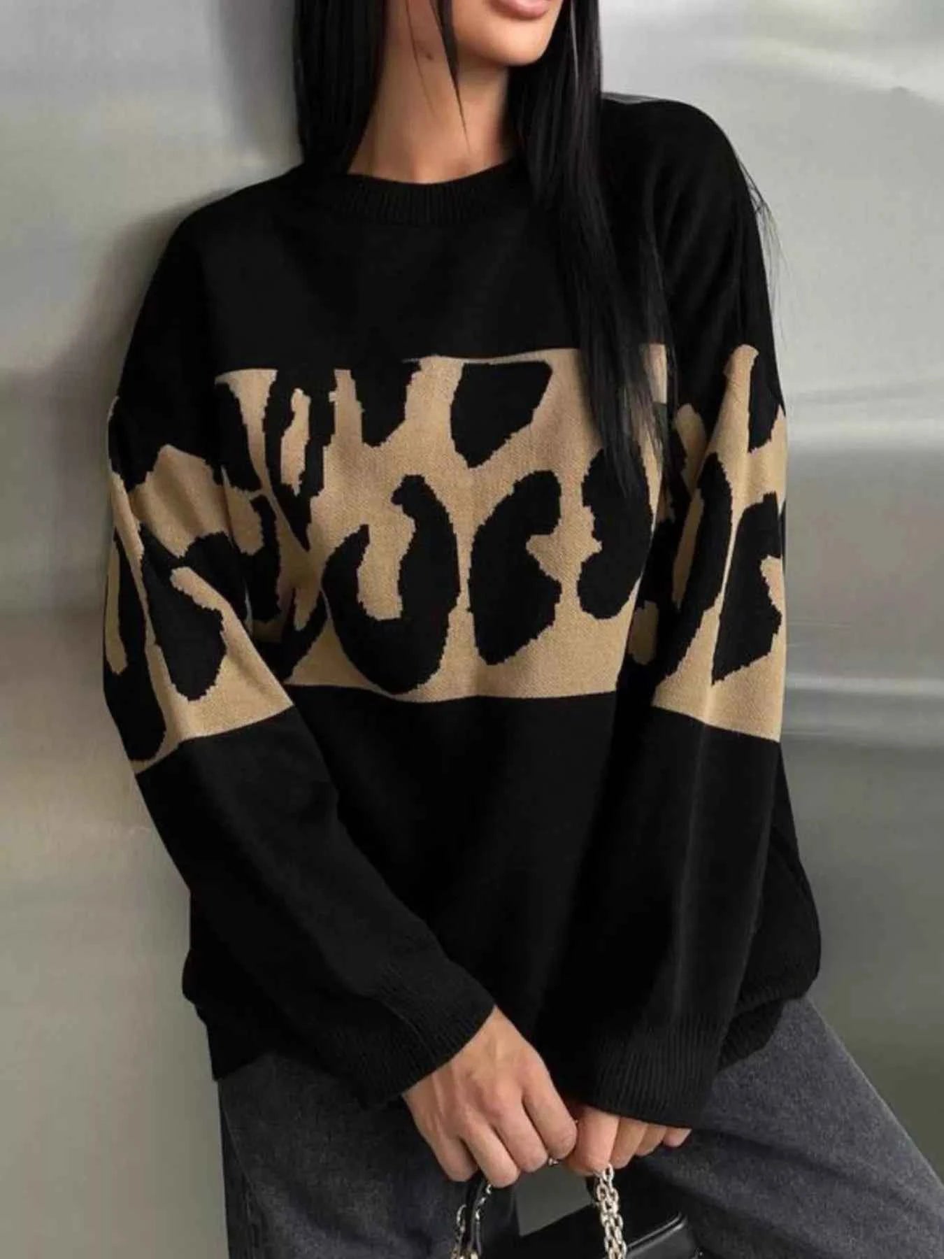 Leopard Color Block Round Neck Sweater Black b3067bf3-0c99-4514-a663-baa6b1485941-Max-Origin