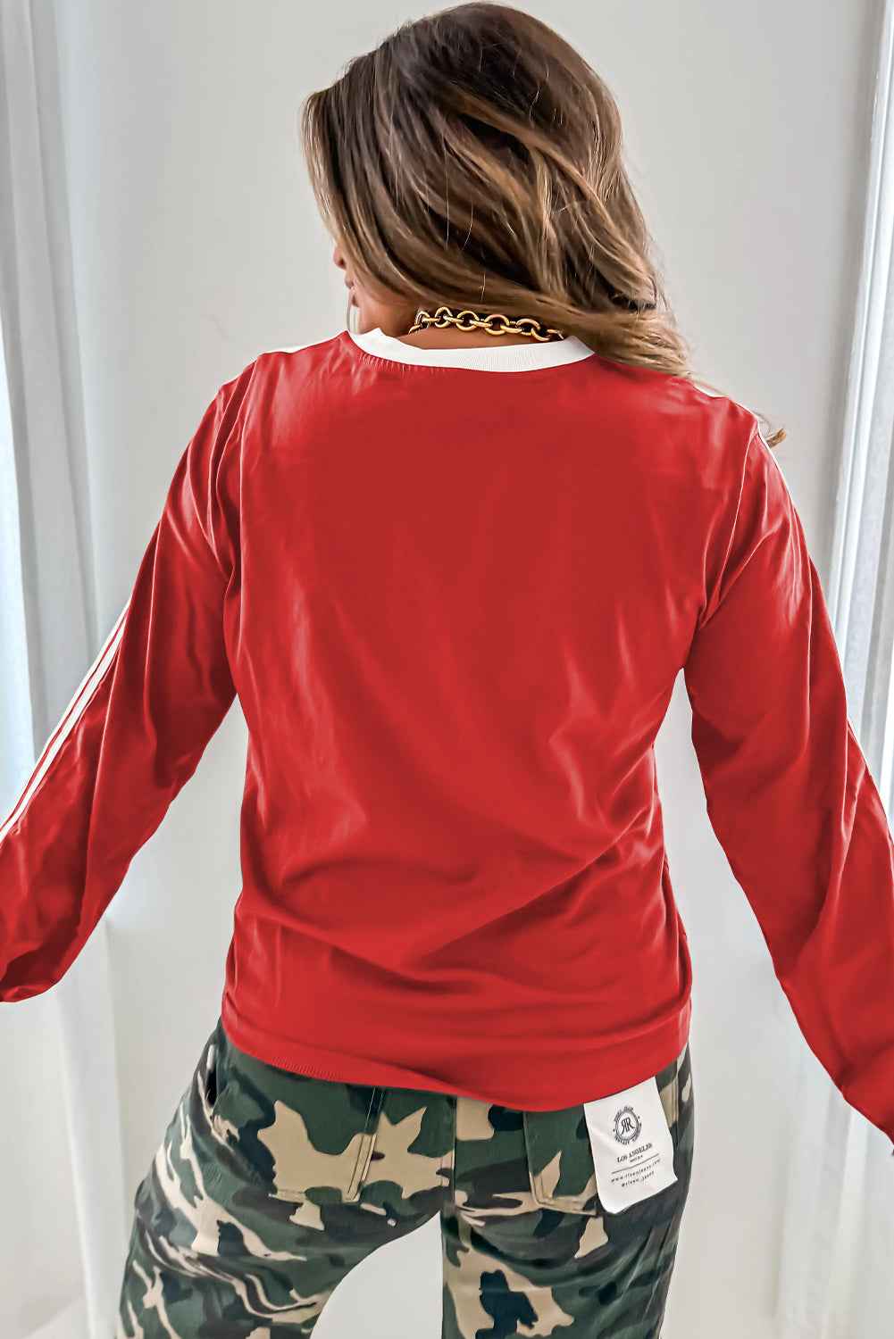 Fiery Red Varsity Striped Crew Neck Long Sleeve Top b307d55ce0e61e98