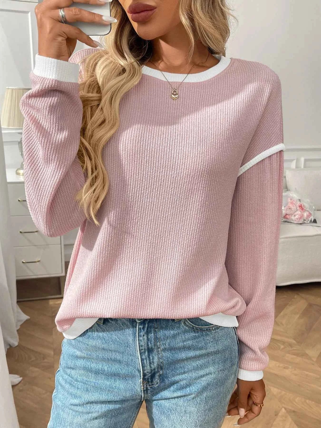 Ribbed Contrast Trim Long Sleeve Top Blush Pink b308b1d2-1175-4367-a38a-96411788c42b-Max-Origin