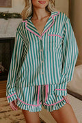 Green Stripe Contrast Ricrac Trim Long Sleeve Shirt Drawstring Ruffled Pajama Short Set Green Stripe 100%Viscose b309cd8563516367