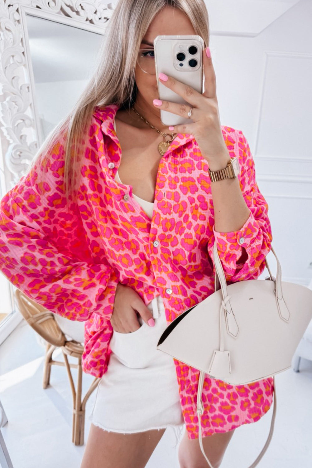 Rose Leopard Print Button-Up Crinkle Shirt b30c71df562dcb87