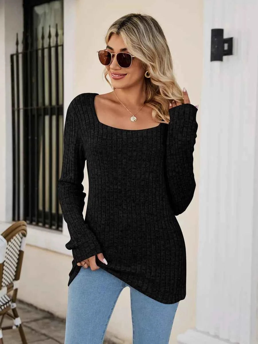 Ribbed Square Neck Long Sleeve T-Shirt Black b30cf812-15db-4048-891a-4babaf872353-Max-Origin