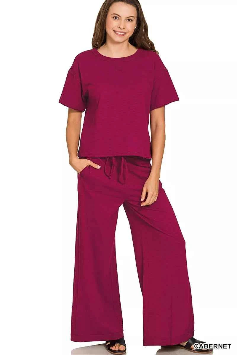 Zenana Cotton Slub Short Sleeve Tee and Pants Set CABERNET b30ee889d22442f6b3a6a1595d6f4a8b-Max-Origin