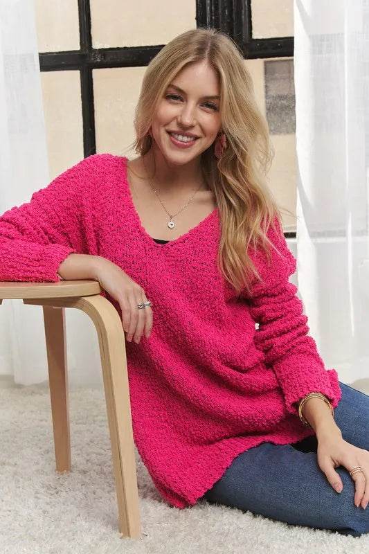 ADORA High-Low Side Slit V-Neck Sweater b3135ca3-b3eb-4db5-ba34-7ca996a270b8-Max