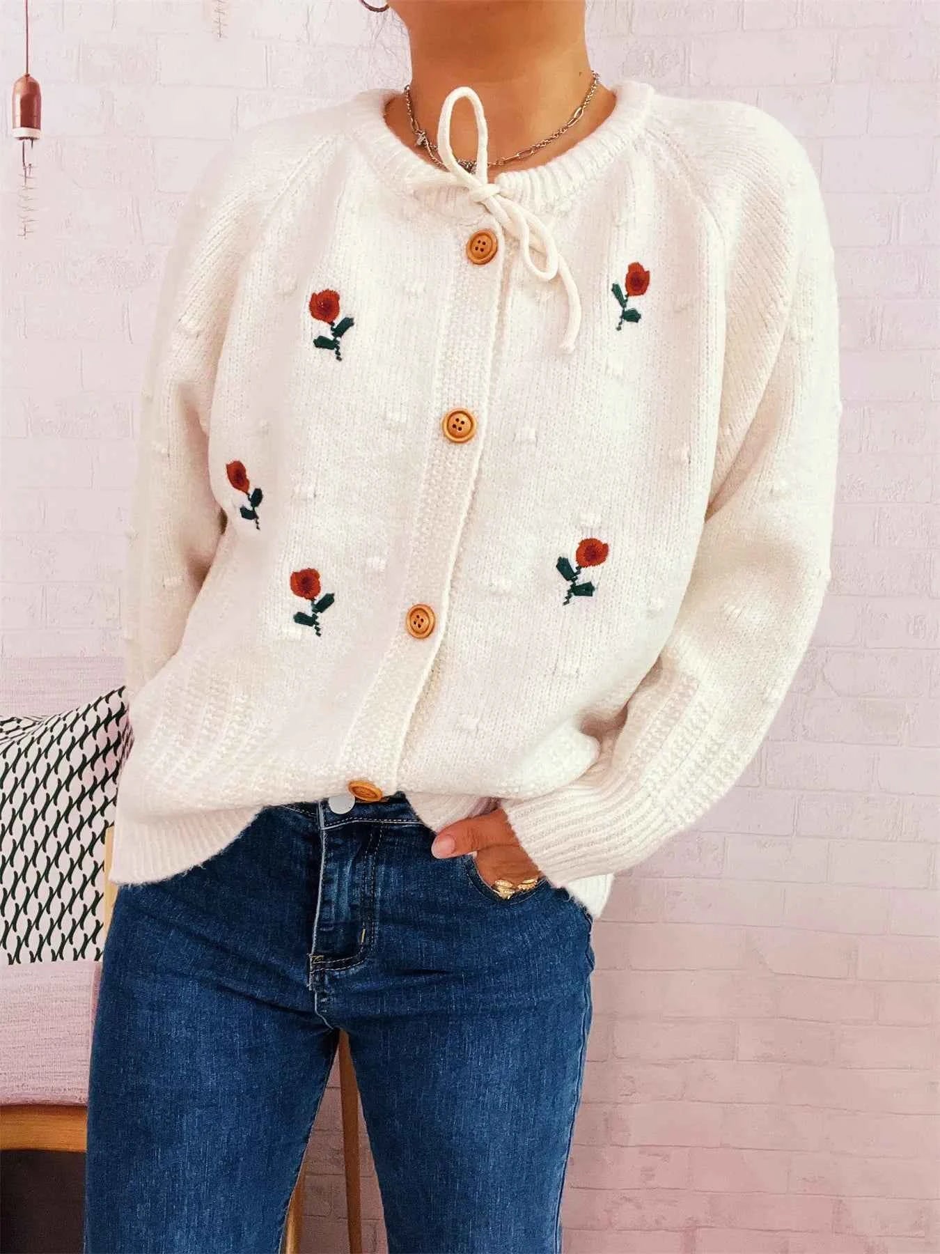 Rose Embroidered Button-Up Cardigan b315821d275243ee950fb4e8a956b3be-Max-Origin
