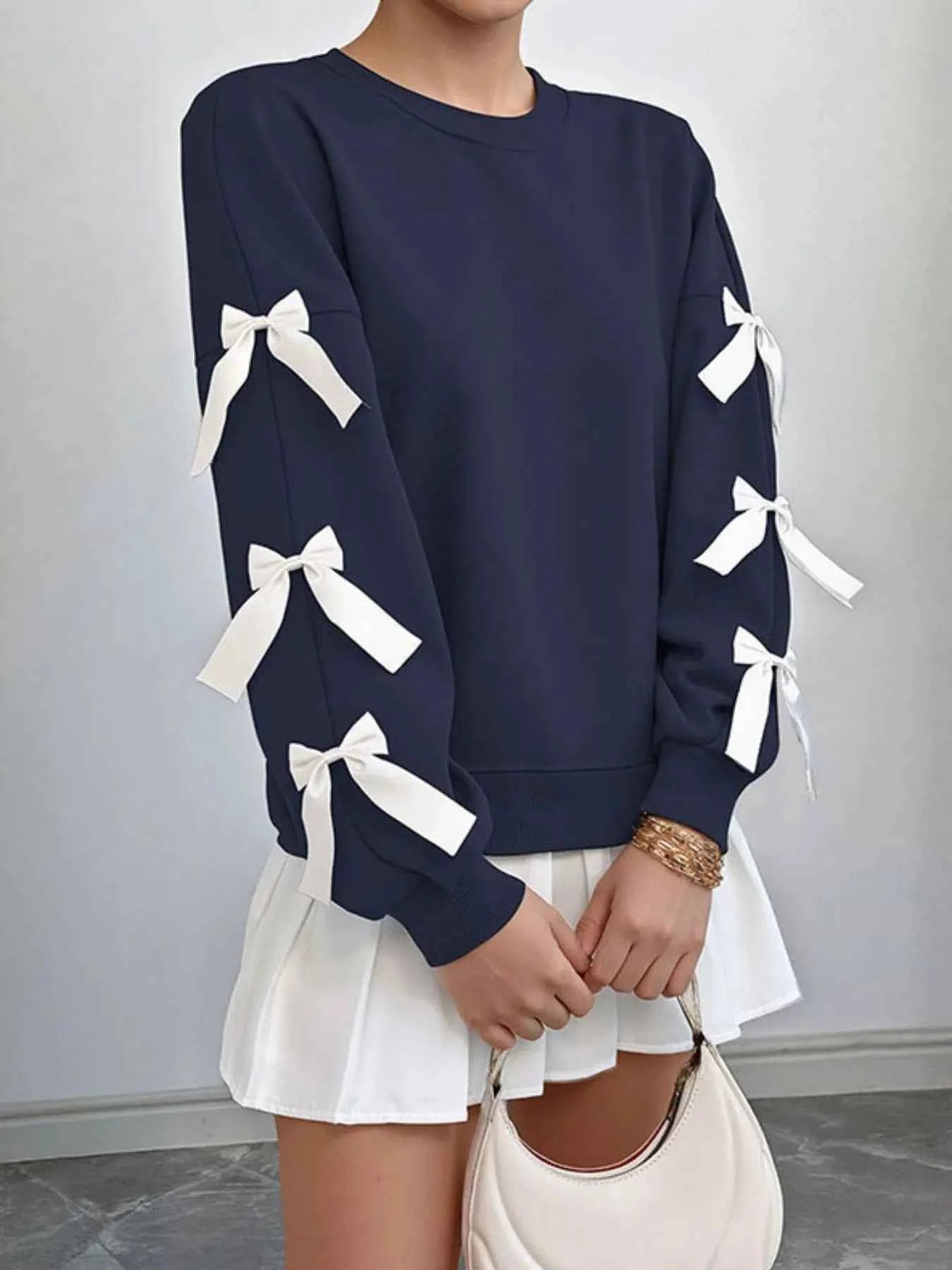Bow-Detailed Sleeve Round Neck Sweatshirt Dark Blue b316461d-30ee-4aa0-a105-891fb88691b4-Max-Origin