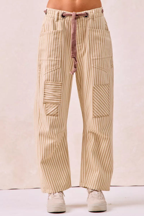 BiBi Drawstring Striped Twill Barrel Pants OATMEAL b3171d6d182441379f62a6e1fed5bea6-Max-Origin