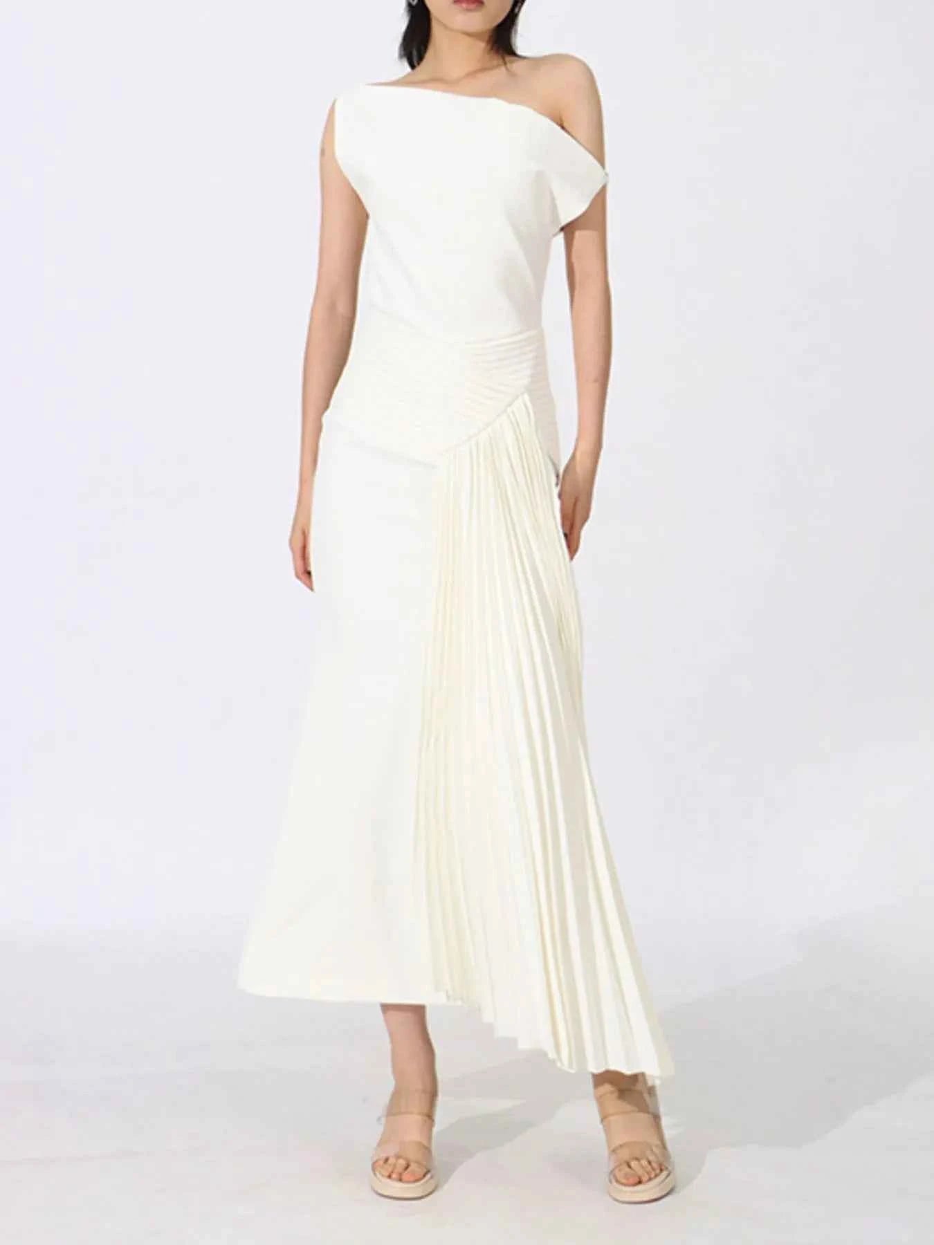 Single Shoulder Pleated Dress White b31d8149-c17b-4e27-b31c-b87fa7bcbb74-Max-Origin