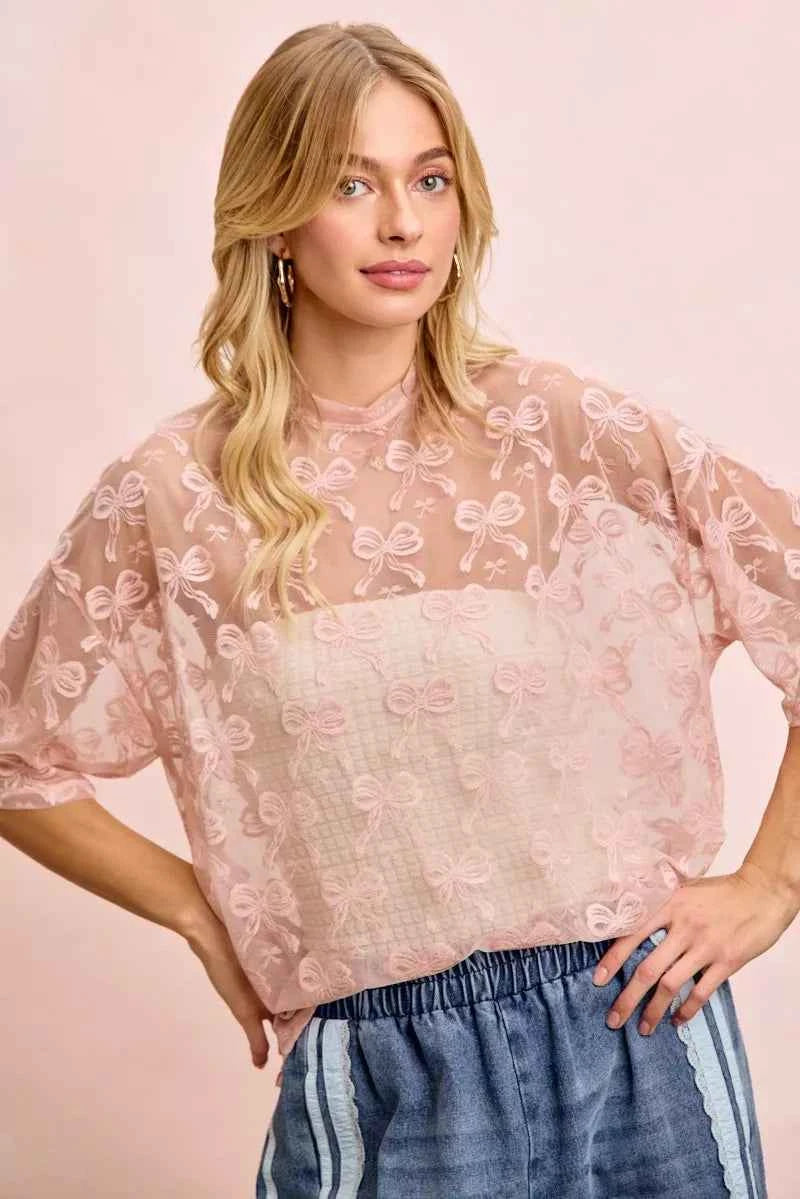 BiBi Bow Pattern Short Sleeves Boxy Mesh Top b31d9862af6f46238f8c23d57c624c4c-Max-Origin