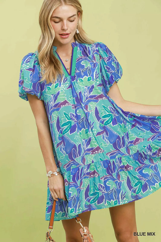 Tropical Floral Puff Sleeve Tiered Mini Dress BLUE MIX b31e1ad4-9b4c-431f-bd06-36e6bbaab762-Max-Origin