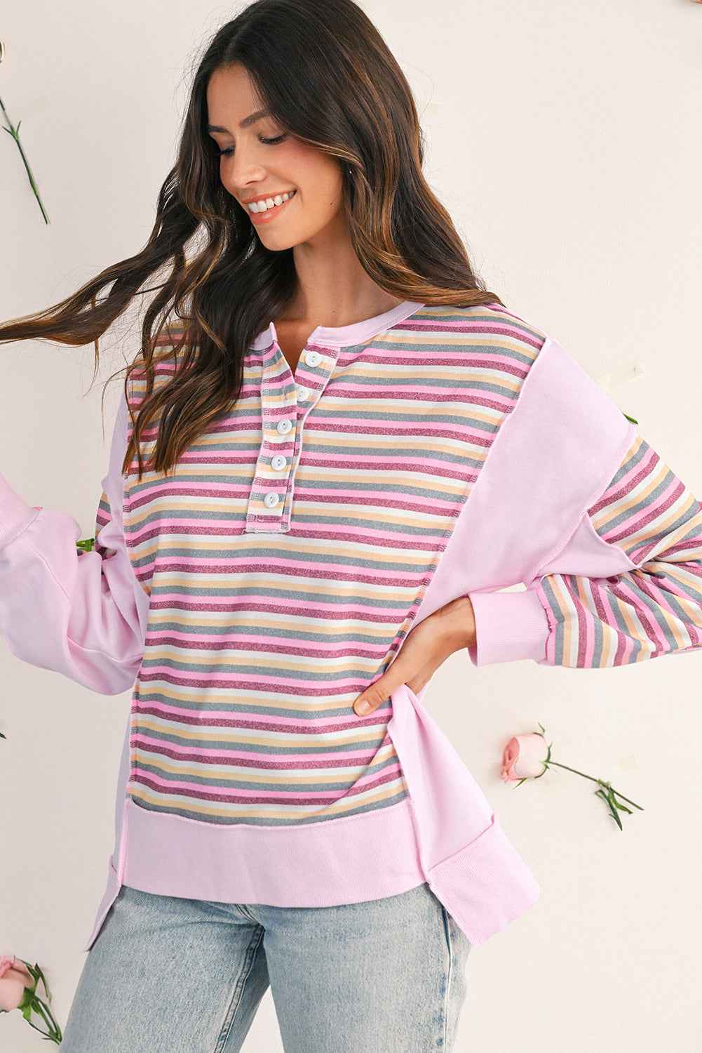 Pink Striped Patchwork Button V Neck Pullover Sweatshirt Pink 65%Polyester+35%Cotton b3226b4aabe04cb1