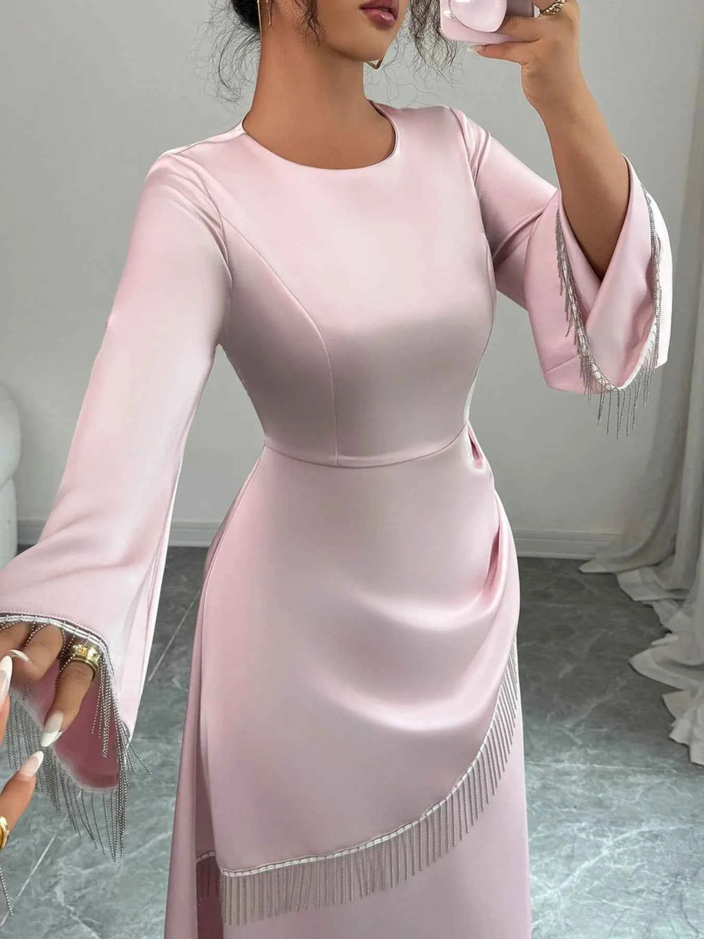 Fringe Long Sleeve Bodycon Maxi Dress Pink b32a737a-a8da-4bcf-975b-c281075c0c3d-Max-Origin