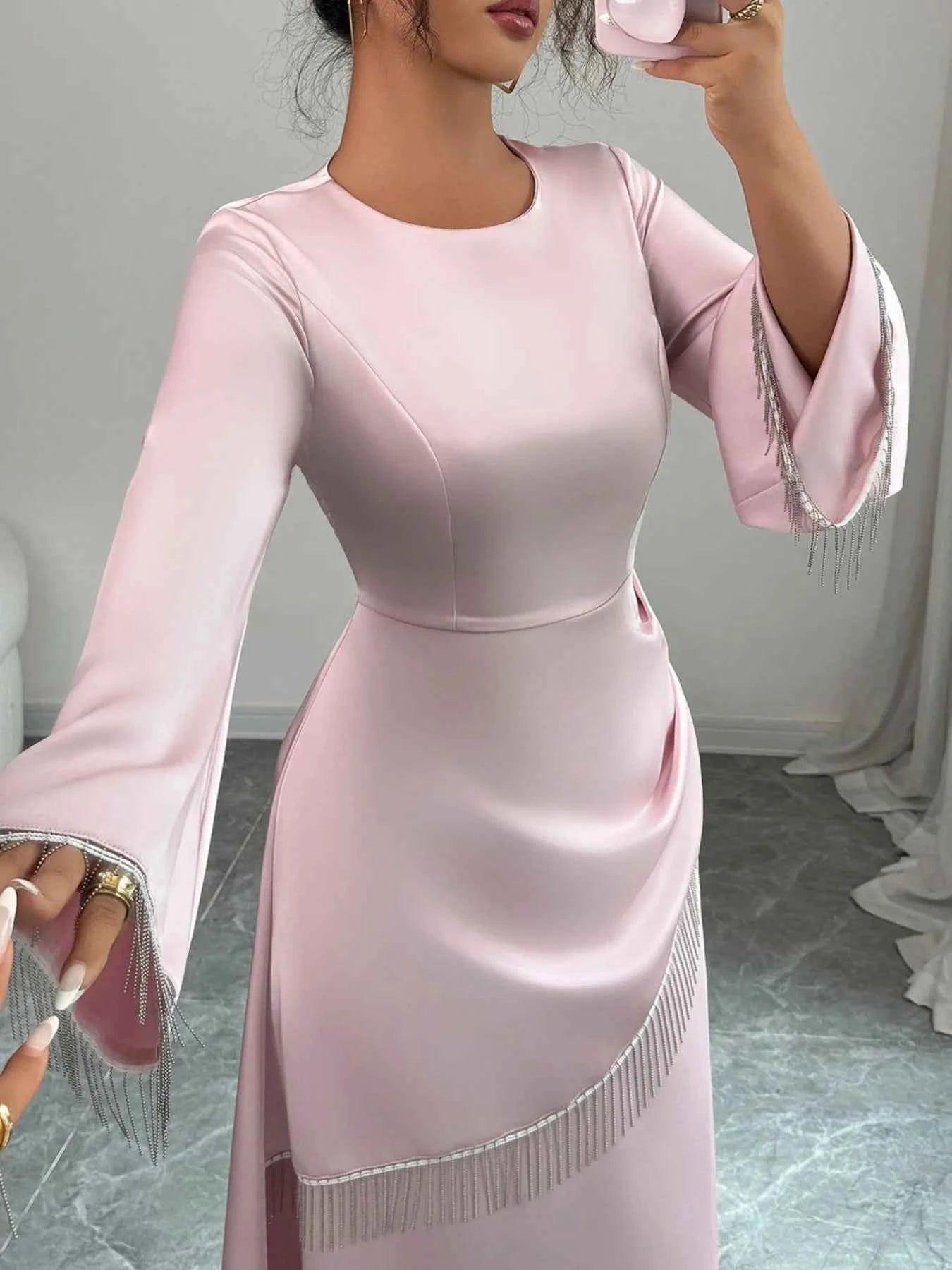 Fringe Long Sleeve Bodycon Maxi Dress Pink b32a737a-a8da-4bcf-975b-c281075c0c3d-Max-Origin