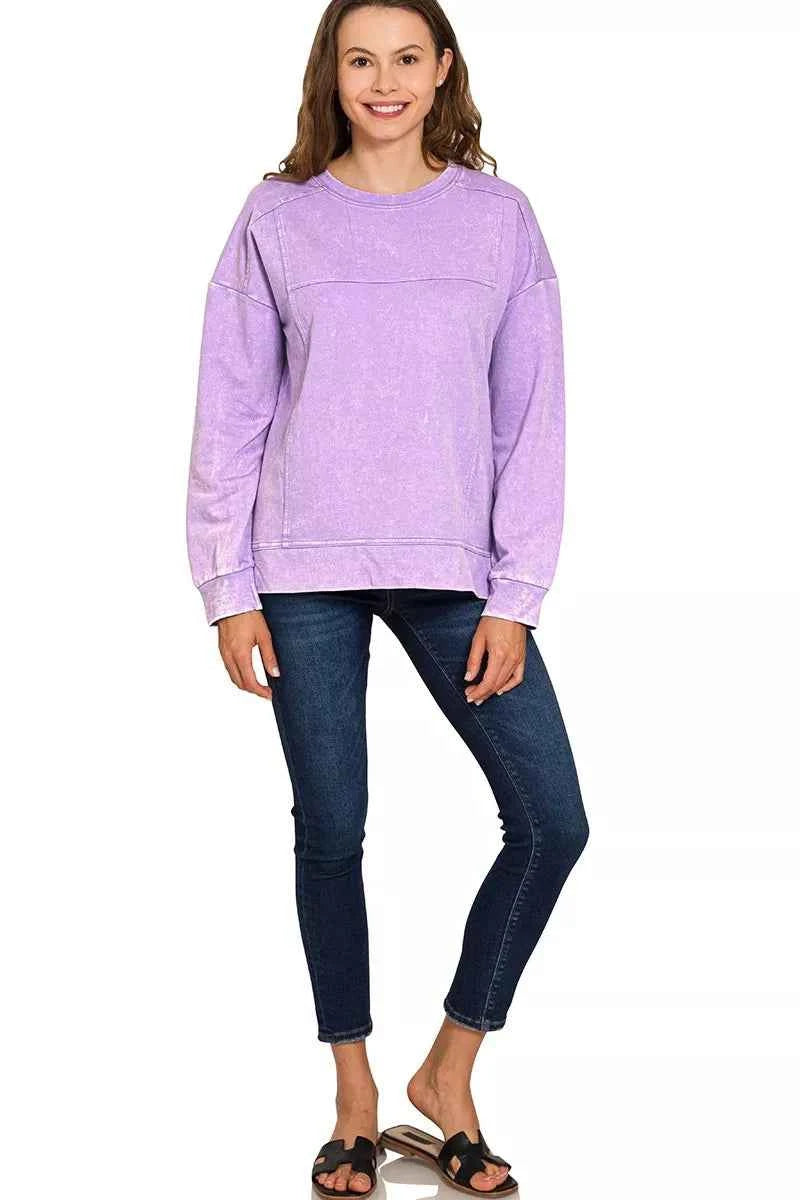 Zenana Acid Wash French Terry Exposed-Seam Pullover b32aa840a56a46d598b1ea5b2680448a-Max-Origin