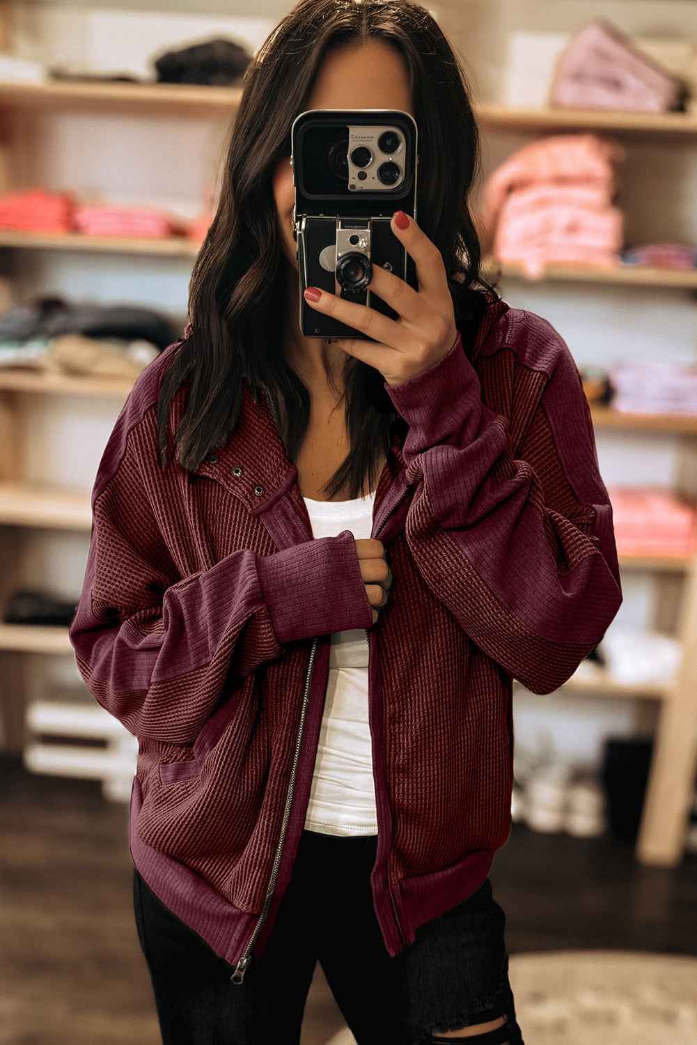 Burgundy Waffle Splicing Zip Up Front Button Hooded Jacket b32b5401d9a229a8