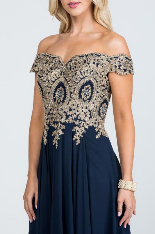 Off Shoulder Evening Gown – Gold Lace Appliqué Chiffon Dress for Women b32dfd54-98d5-4baa-b9bf-f49dbaa94147