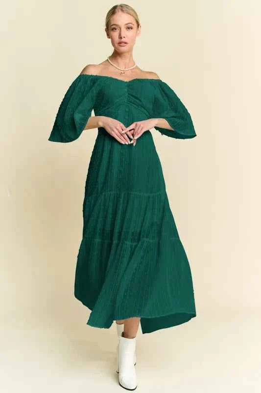 Davi & Dani Swiss Dotted Ruched Ruffle Open Back Midi Dress Forest Green b32f57769bea469c98b2d9c3b232f24e-Max-Origin