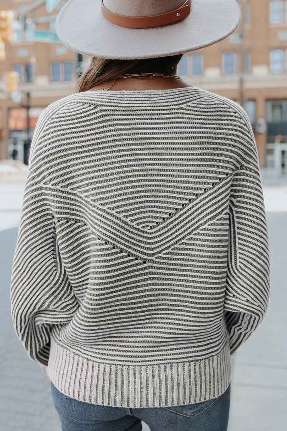 Light French Beige Striped Print Ribbed Knit Raglan Sleeve Baggy Sweater b33992796d854d5e