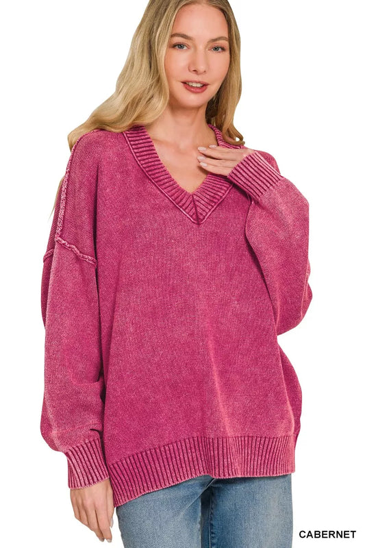 Washed Deep V-neck Oversized Sweater CABERNET b3400760c5664193ae32d5cc3609a52e-Max-Origin