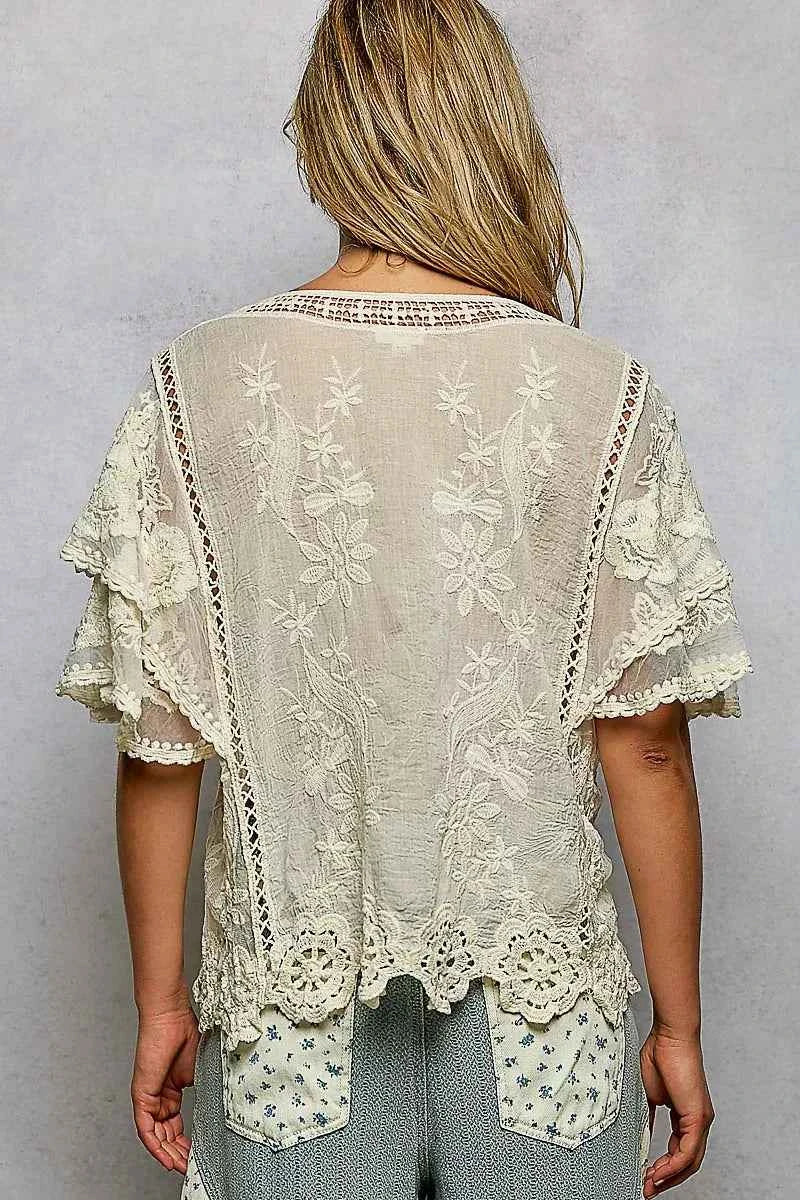 POL Floral Crochet V-Neck Short Sleeve Blouse with Scalloped Hem b343be68-af08-4e9a-bc6a-f61bd9faa7d4-Max-Origin