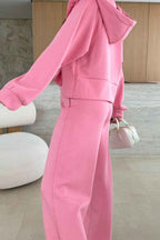 Pink Solid Color Zip Up Hoodie Drawstring Loose Pants Set b34a12fd894a0789