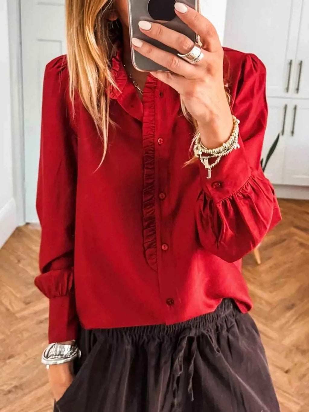 Ruffle Trim Long Sleeve Shirt Deep Red b34b7e9e-01d2-459f-92b8-4c53fa30d0c2-Max-Origin