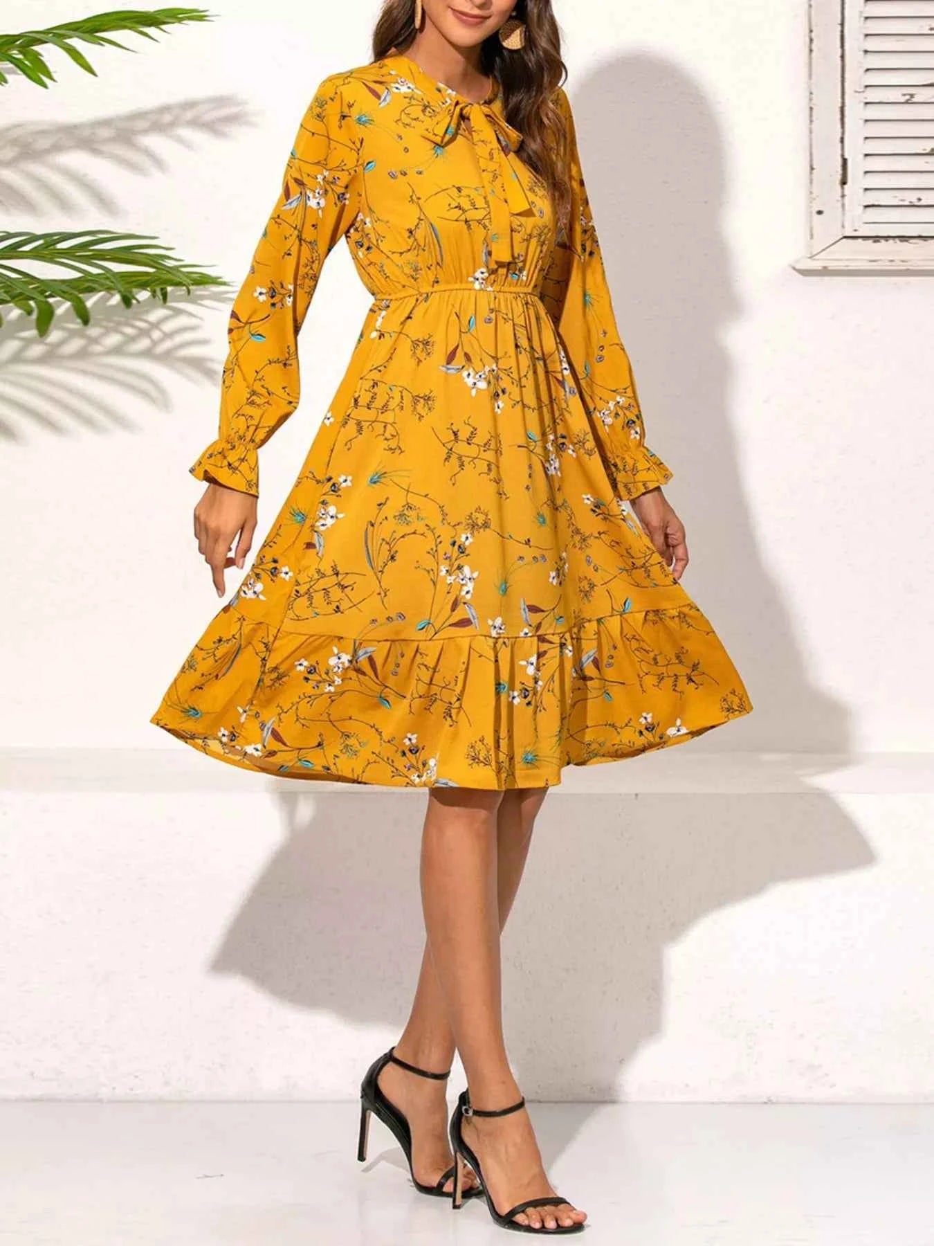 Ruffled Hem Floral Print Long Sleeve Dress b34fd62a-b1dc-478d-8a36-757500837cce-Max-Origin