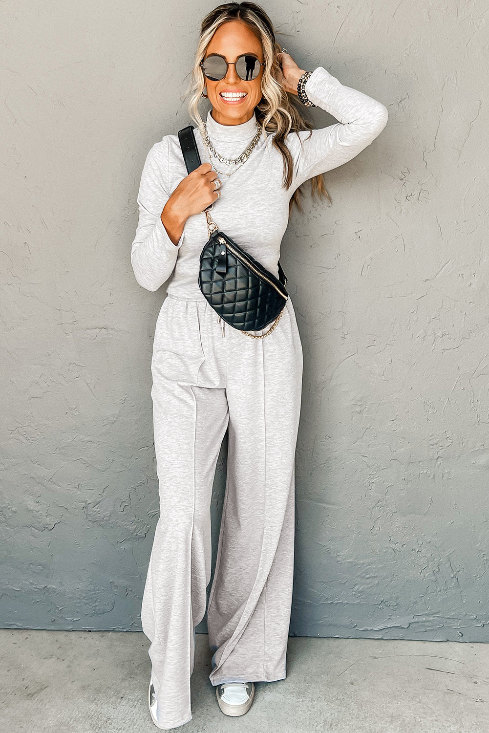 Light Grey Long Sleeve High Neck Slim Top Smocked Waist Central Seam Pants Set b3505d8531cc2d21