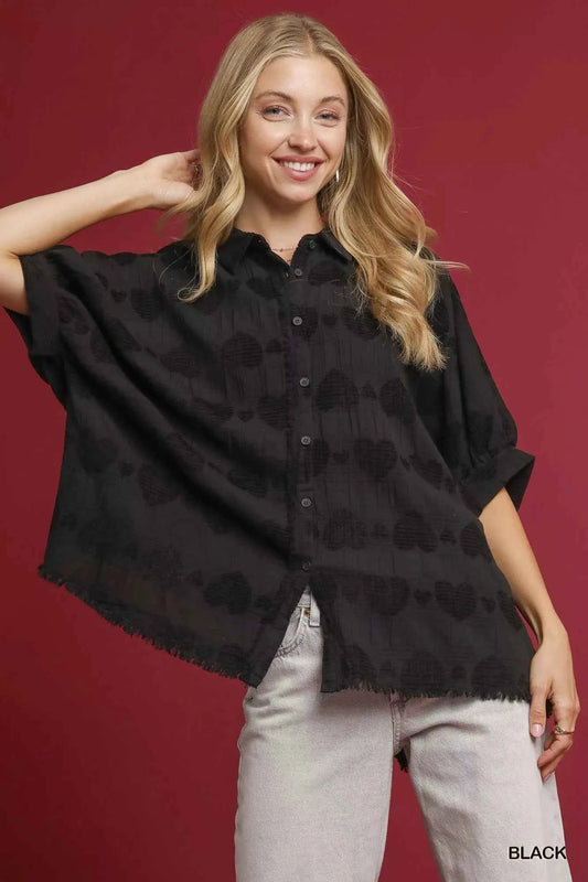 Umgee Jacquard Heart Collared Shirt Black b3530787-d4bb-4814-a42f-361f656bc2f6-Max-Origin