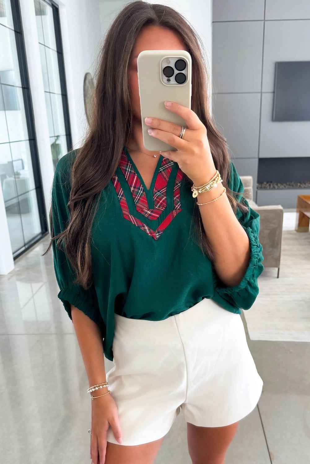 Evergreen Contrast Plaid Patchwork V Neck Half Sleeve Blouse b3550554e2e514d6