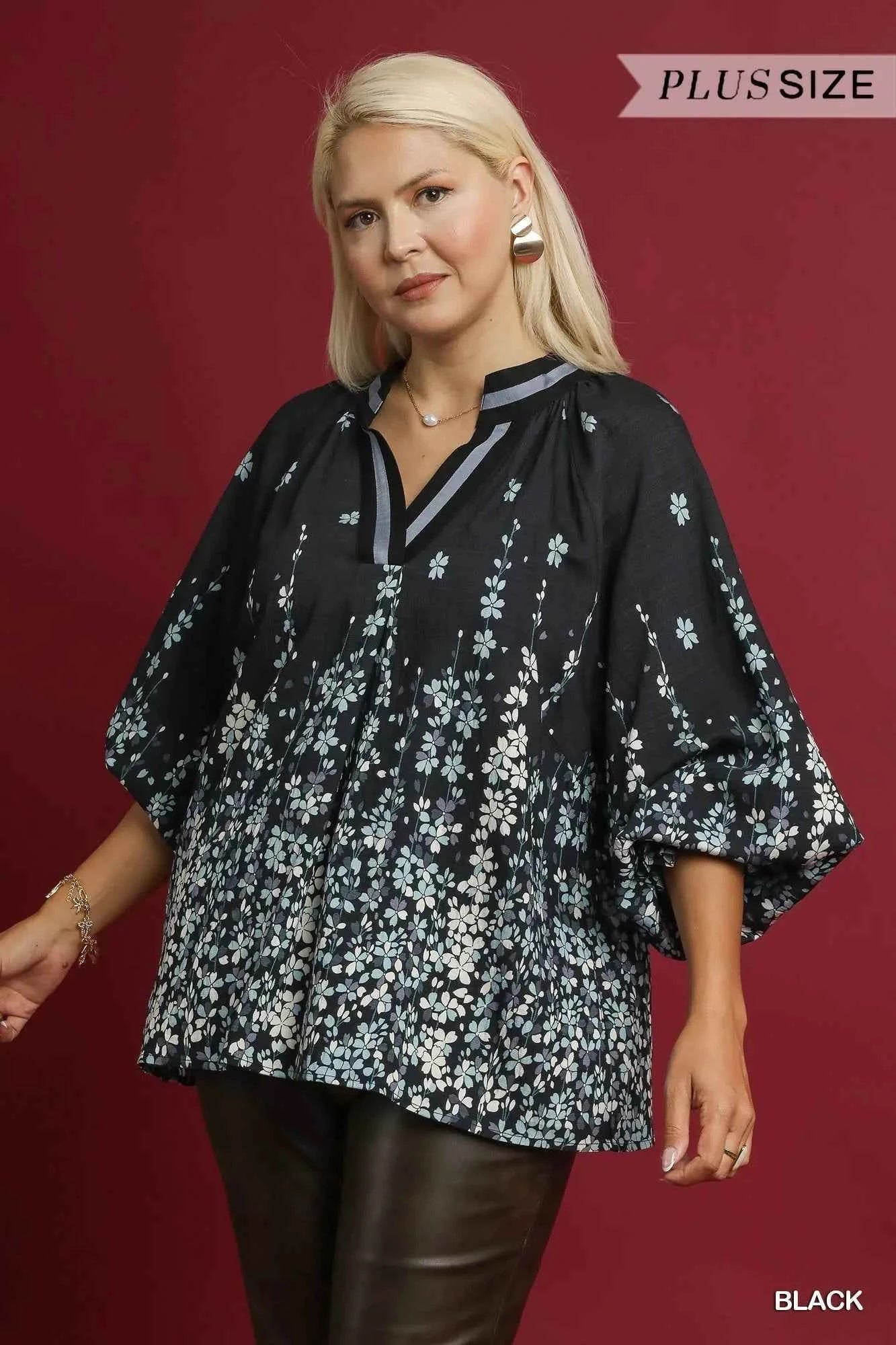 Umgee Full Size Floral Vine Print Blouse with Balloon Sleeves Plus Size b3552da0-b2d8-48f6-a42b-25c80d518bdb-Max-Origin