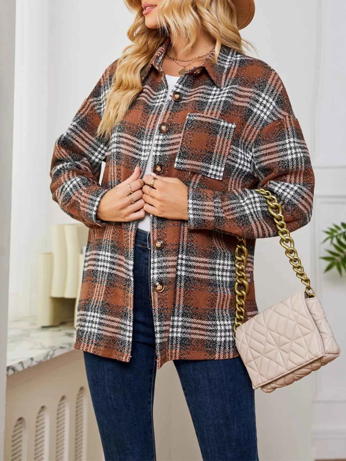 Plaid Button Up Long Sleeve Shacket b358c45ea5b549b3974d04f1dd174cbb-Max-Origin