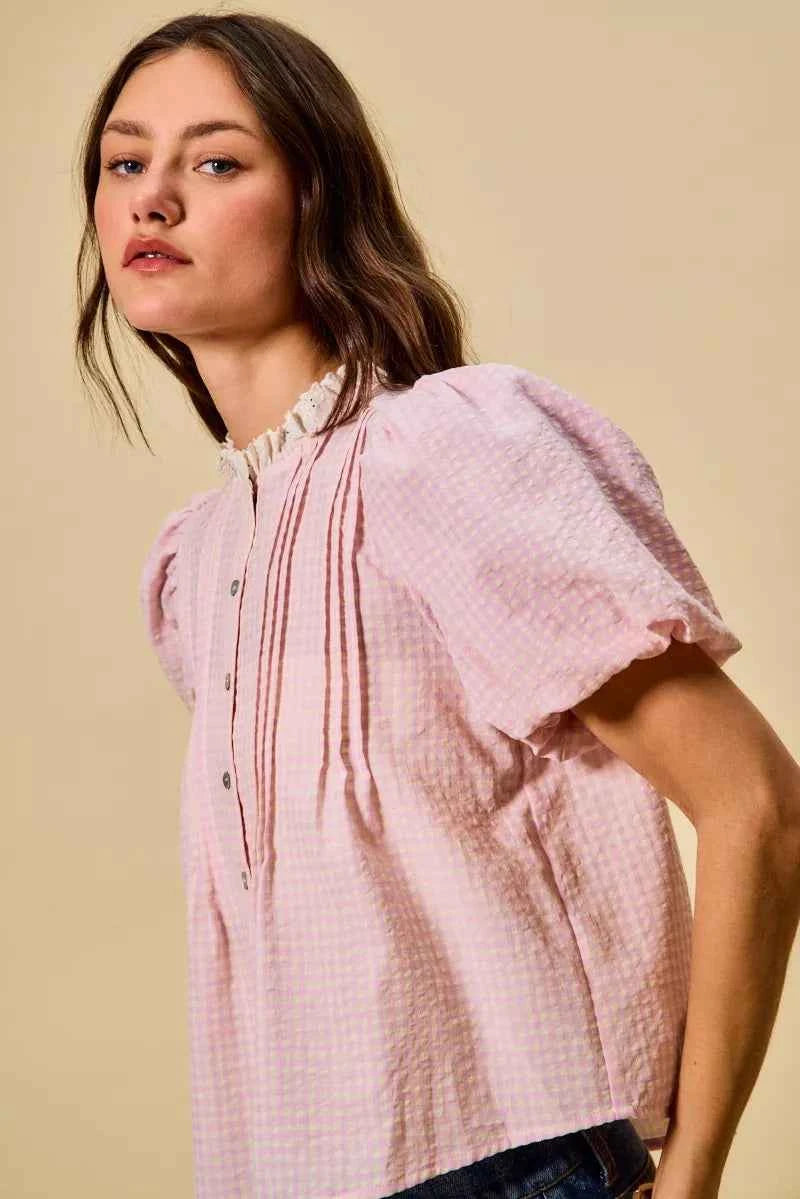 SO ME Gingham Lace Trim Button Bubble Sleeves Blouse b35c3aabd889497bbb0ef4e3ce4578d5-Max-Origin