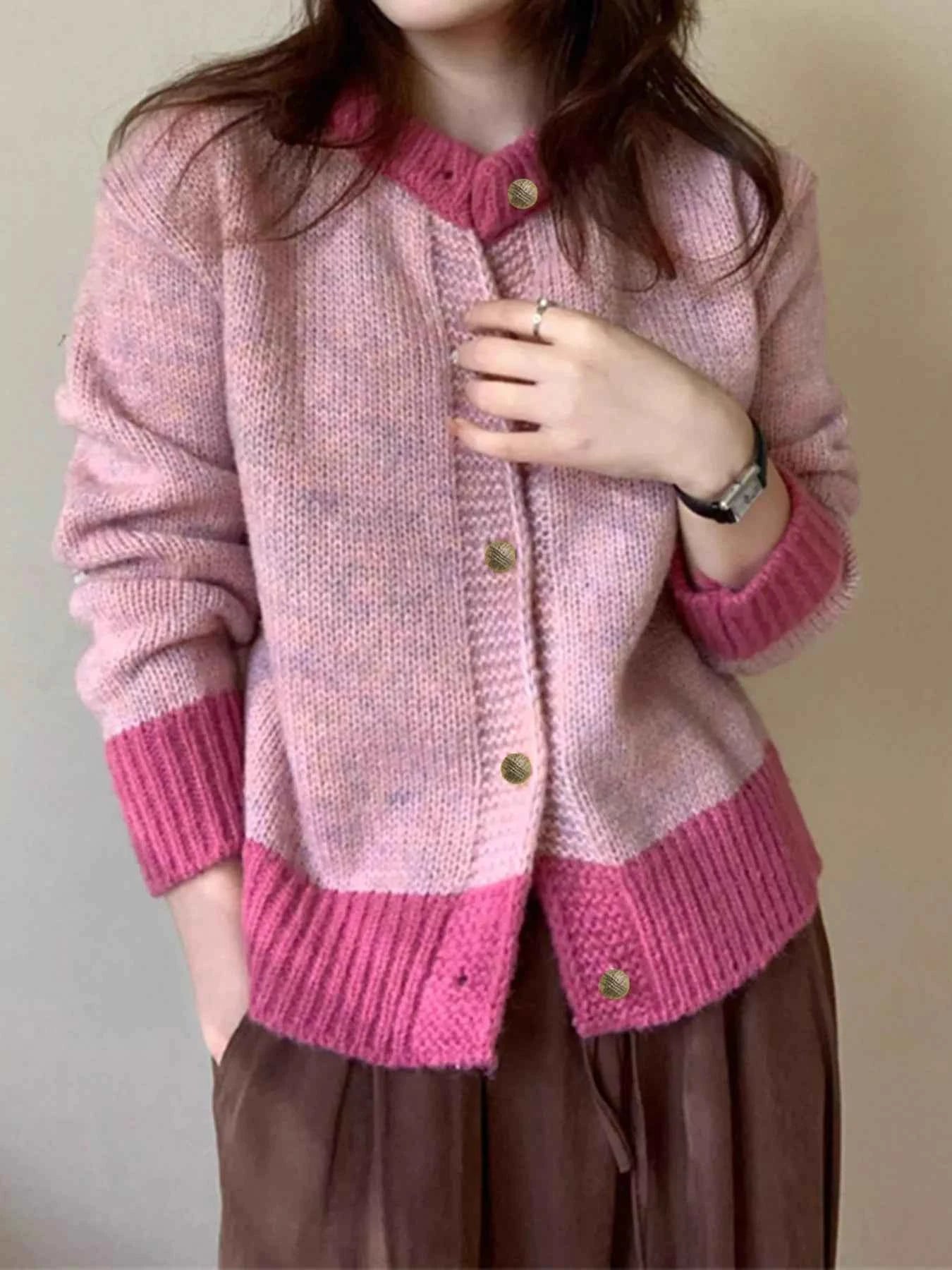 Color Block Button Up Cardigan Pink One Size b35f5827dc3348dc84e1276e19e3ba1f-Max-Origin