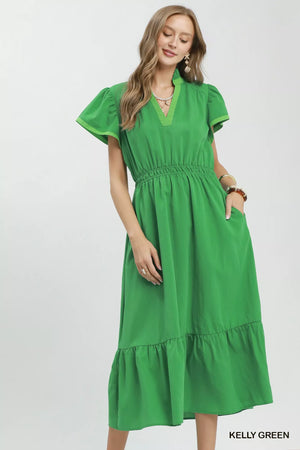 Contrast Trim Midi Dress with Tiered Ruffle Hem KELLY GREEN b3616cbc-eafb-429b-b661-54930a17b991-Max-Origin