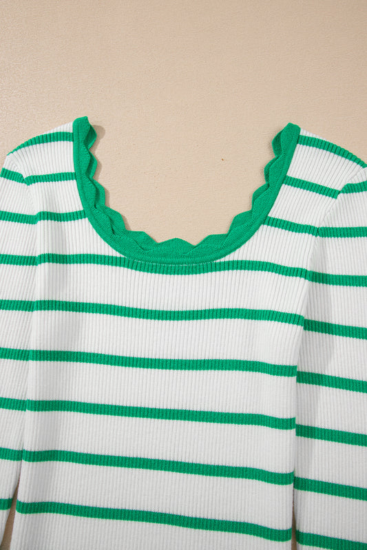 Bright Green Scalloped Edge Striped Long Sleeve Sweater b361bcc5f37782c0