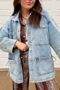 Beau Blue Multi Patched Pockets Side Tie up Boyfriend Style Denim Jacket Beau Blue 75%Cotton+25%Polyester b362920f3fb5a92f