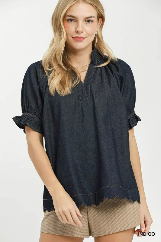 Chambray Puff Sleeve Scallop Hem Blouse INDIGO b363d31c-e332-42f4-ae6c-ee992dac84b4-Max-Origin