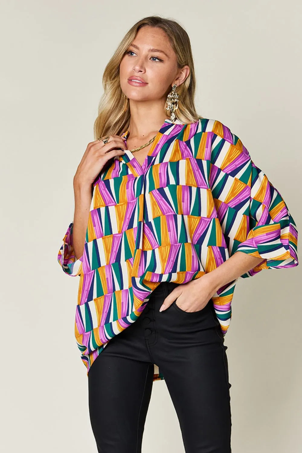 Double Take Full Size Geometric Notched Dolman Sleeve Top Purple b3640c34-45c7-478a-b703-30dc942421e4-Max