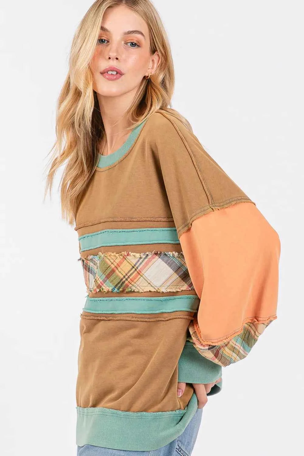 SAGE + FIG Mineral Wash Raw Edge Color Block Sweatshirt b3652d3a-62b6-4790-a41c-ab7a8c1f3db6-Max