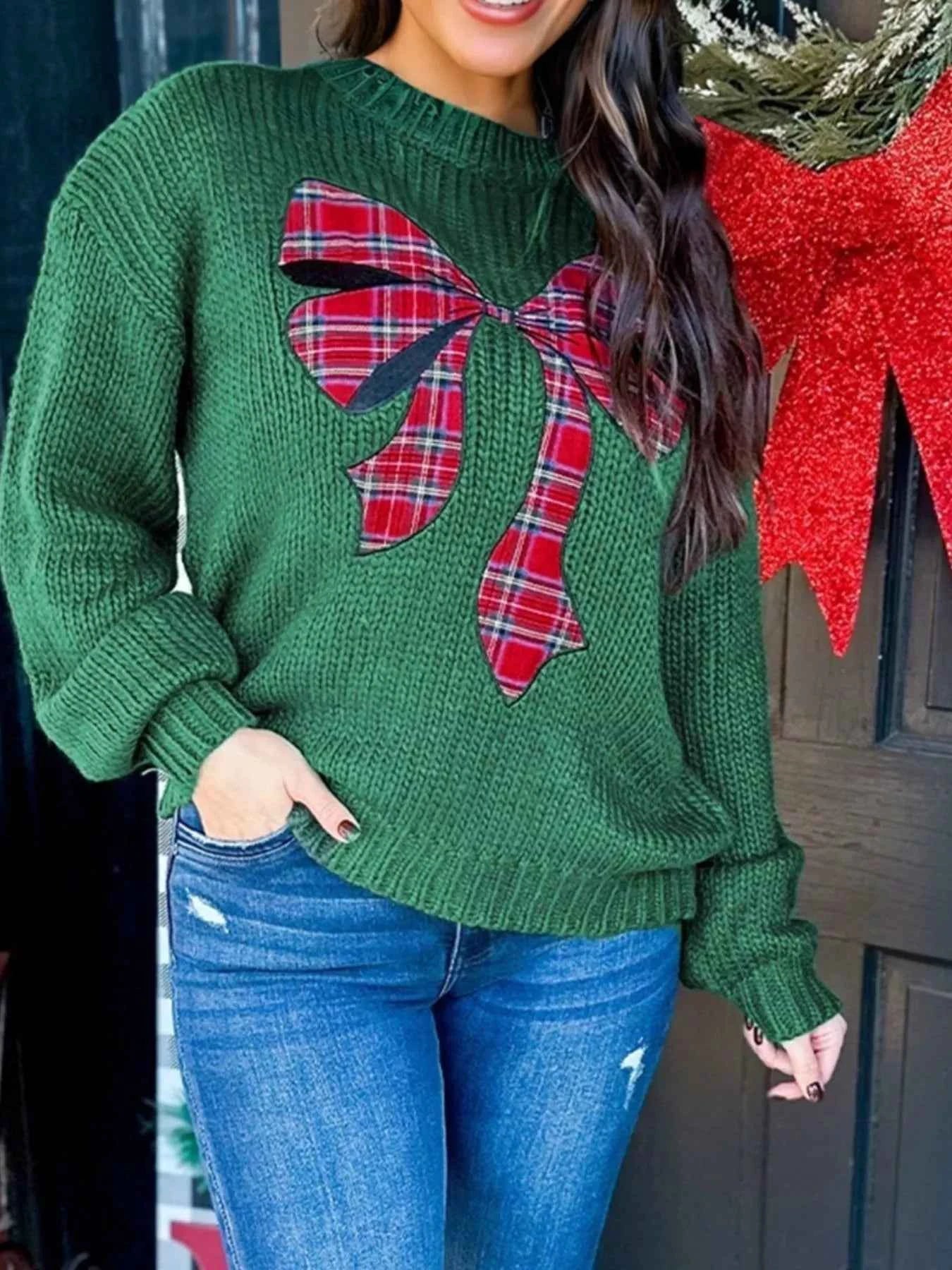 Plaid Bow Graphic Christmas Sweater b367d7ec-6dc8-43e6-a2a8-76d2582264a6-Max-Origin