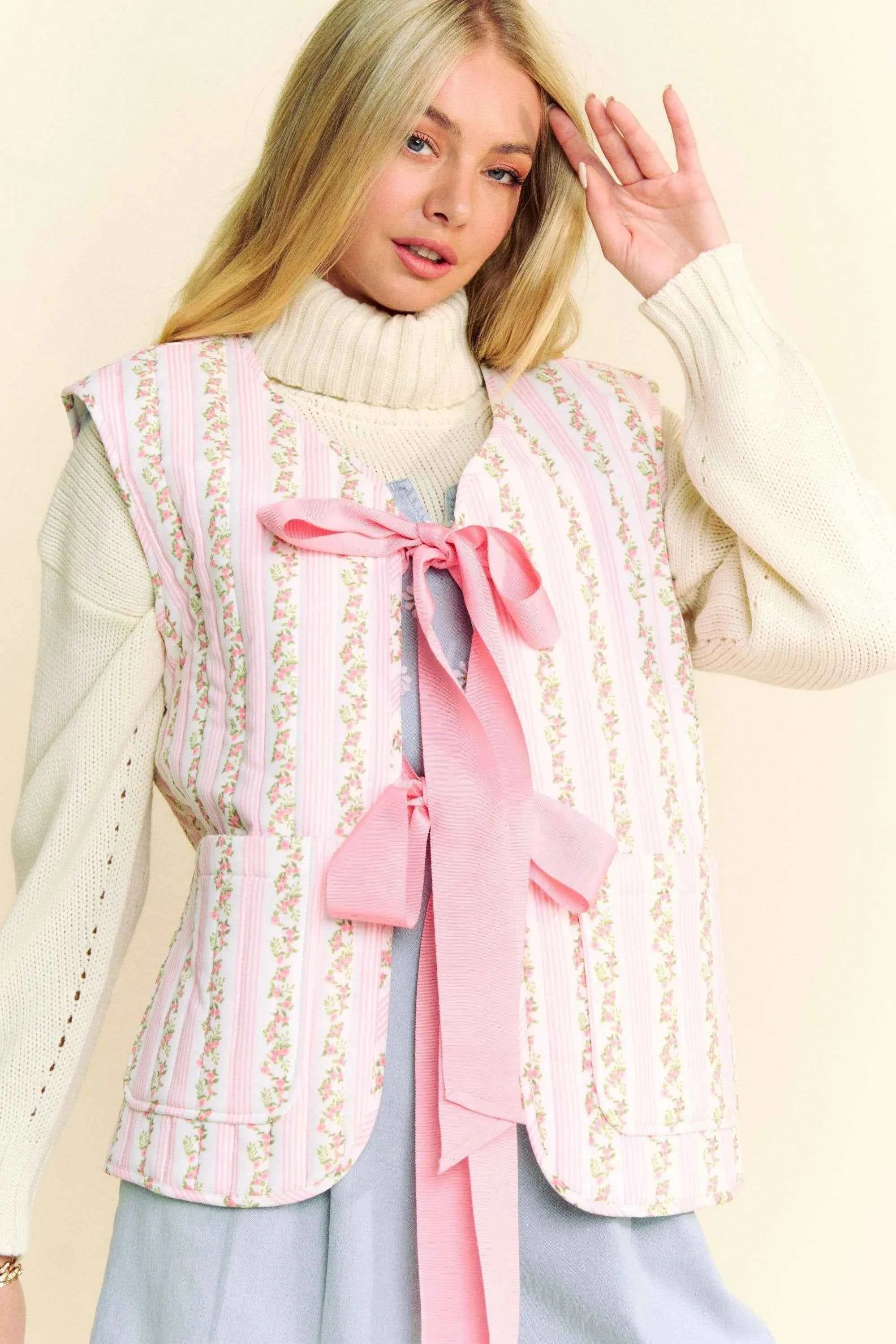 Davi & Dani Quilted Floral Bow Tie Front Padding Vest Jacket b36b948289b14e14b432fc3ecbd1a965-Max-Origin