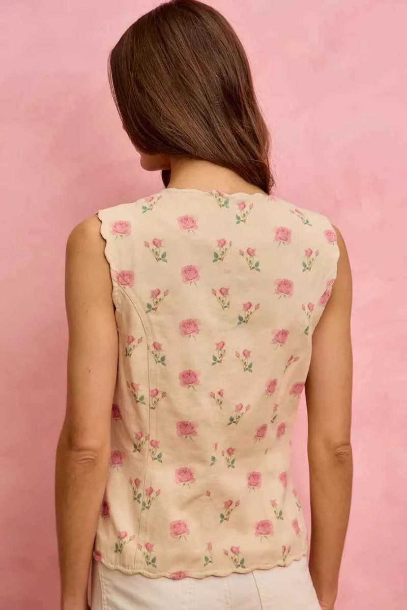 SO ME Floral Rose Cotton Twill Scallop Button Vest Top b36dd39e8d8344a2ad0d41b37406d3c3-Max-Origin