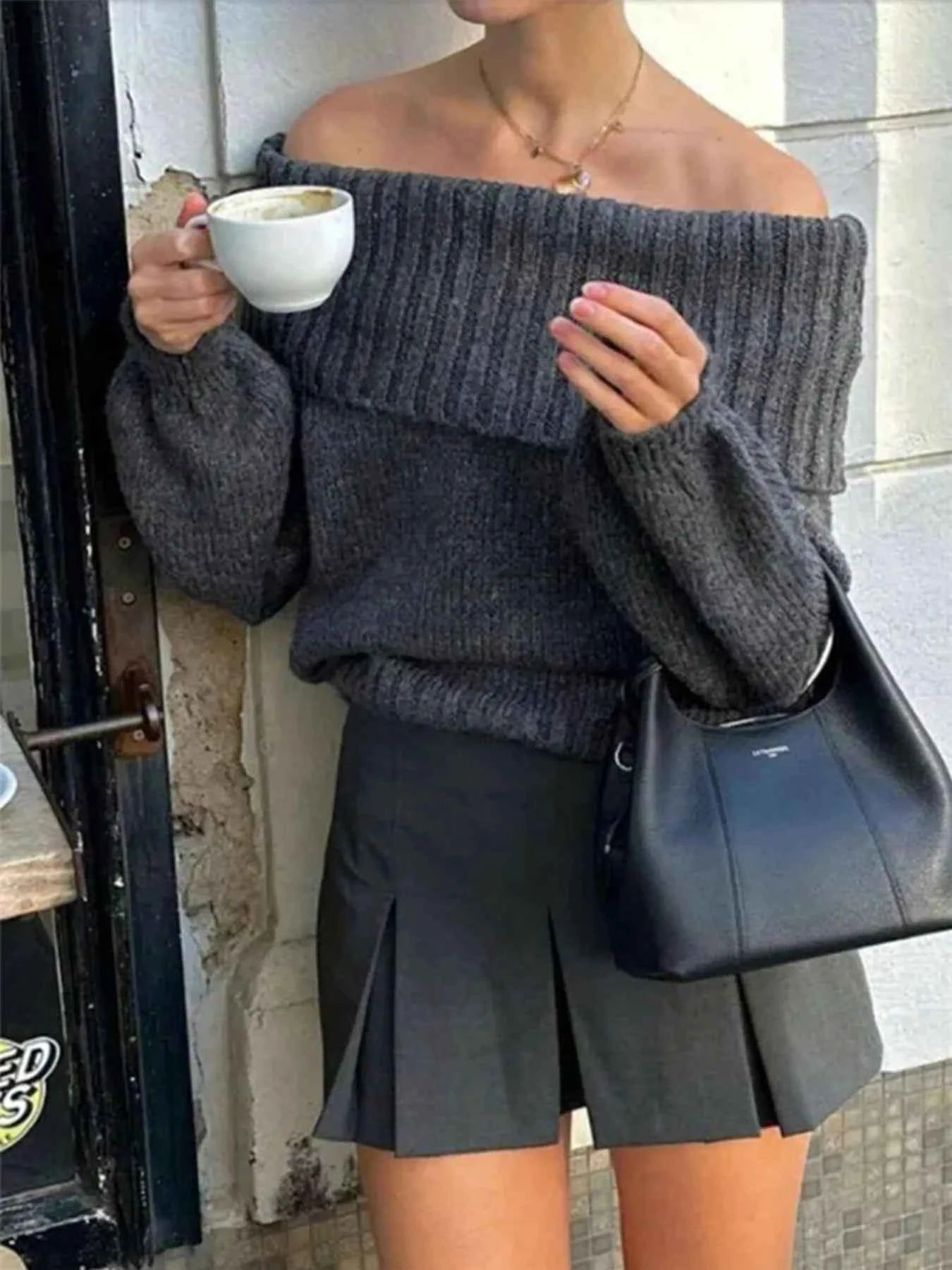 Off-Shoulder Ribbed Long Sleeve Sweater Dark Gray b3733fbac10a4d1589df38277118e06a-Max-Origin