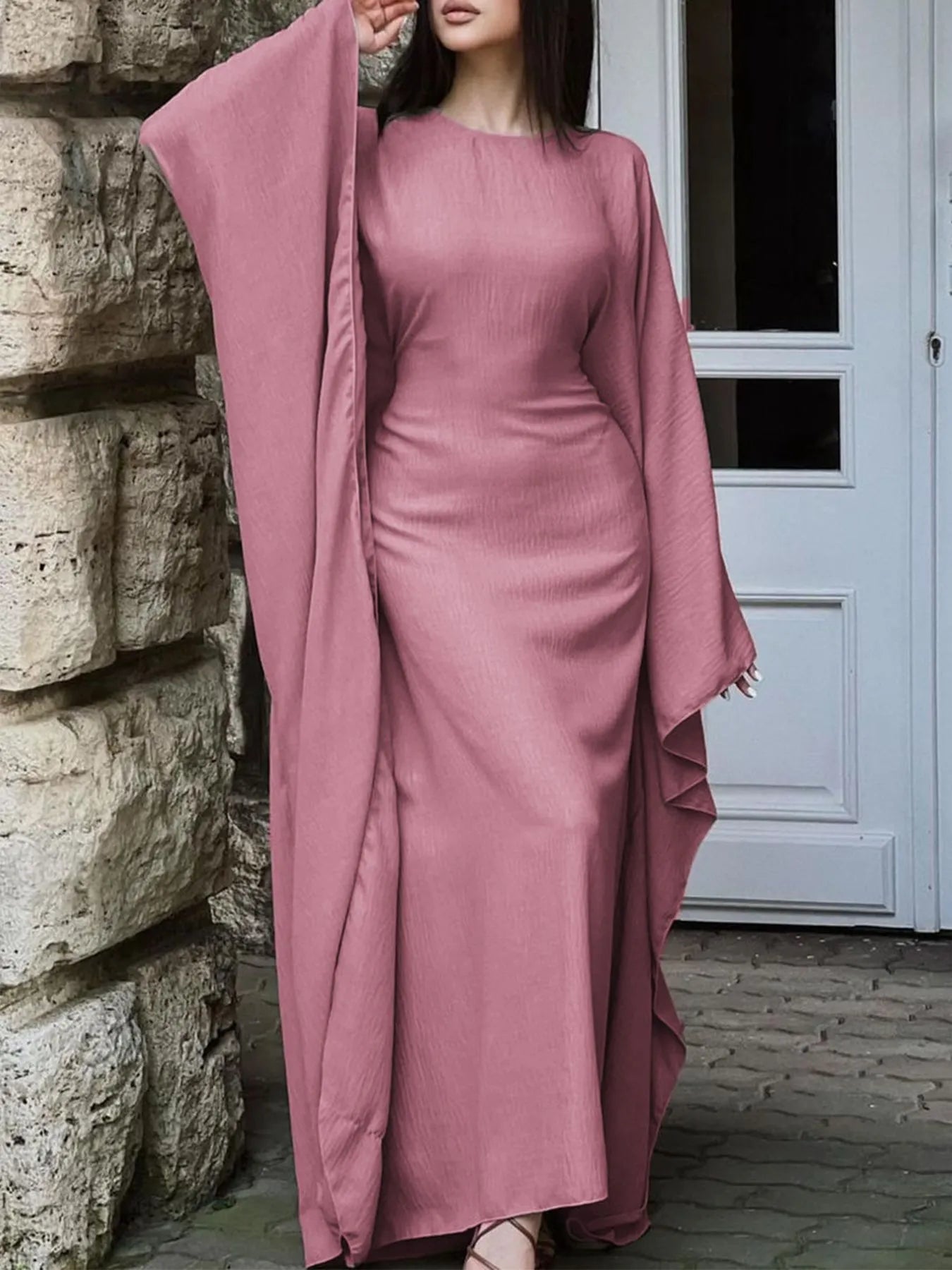 Round Neck Maxi Dress with Flowing Cape Sleeves Pink b374eb9c-f8ef-44b7-9c17-36a4eb30a2fc-Max-Origin