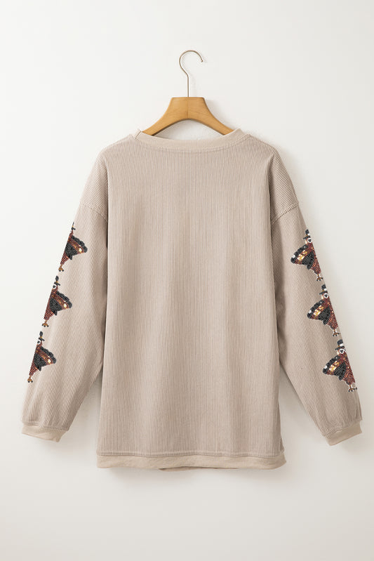 Smoke Gray gobble Turkey Sleeve Sequins Patch Corded Baggy Sweatshirt Smoke Gray 100%Polyester b377d005d5a85e88