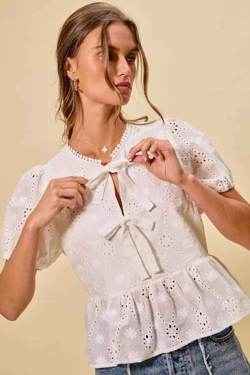 SO ME Cotton Eyelet Front Tie Short Sleeves Blouse b37a311abbac4ad1b52db64cf1acdb9e-Max-Origin